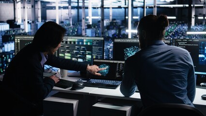 Data center system administrators use PC to monitor neural network using AI LLM. Asian man and colleague at work using artificial intelligence to oversee servers powering machine learning, camera A