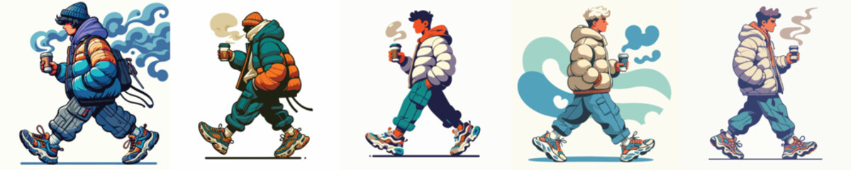 A Man Walking Wearing a Puffer Jacket Vector Illustration