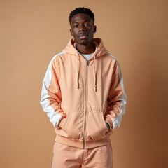 Fototapeta premium Stylish black man in modern pastel tracksuit. Confident male model poses at studio. Guy wears hoodie and trousers with hands in pockets. Portrait of african american person