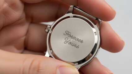 Engraved watch back with personalized message in close-up view