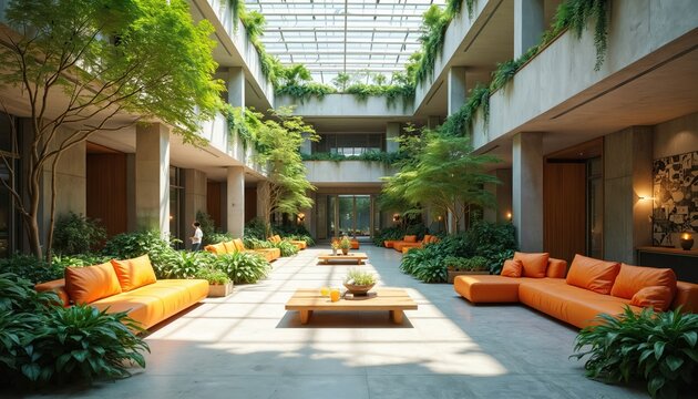 Bright interior atrium with lots of green plants and orange sofas. Modern architecture uses natural light through a glass ceiling, creating a calm and eco-friendly communal space.