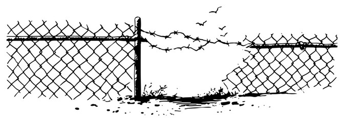 Broken chain link fence with hole and flying birds vector illustration