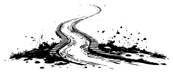 Winding dirt road path with tire tracks and mud vector illustration