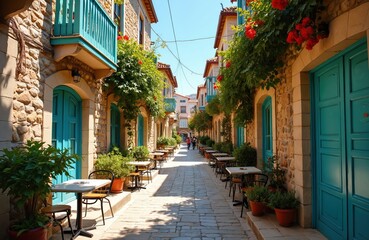 Fototapeta premium Cobblestone alleyway lined with stone buildings, blue doors, and outdoor cafe seating. Lush green plants and red flowers adorn balconies and walls. People walk in distance on sunny day.