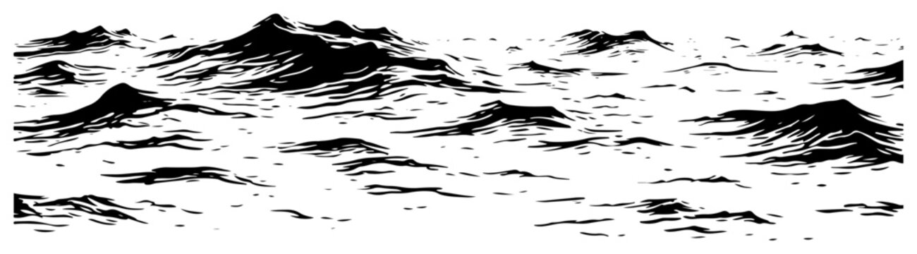 Hand drawn black and white ocean waves surface landscape vector illustration
