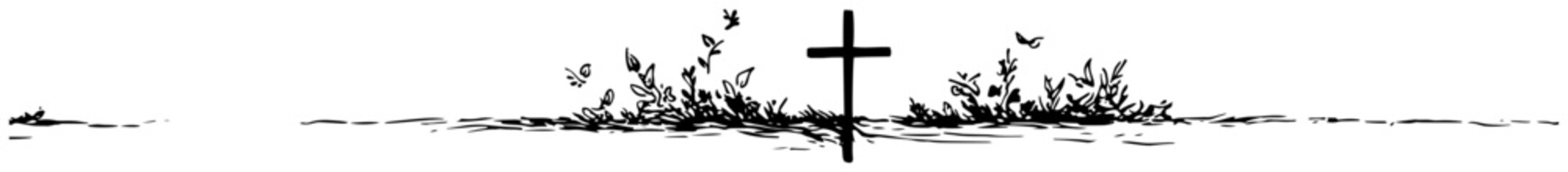 Simple Christian cross standing in a grassy meadow with butterflies vector illustration