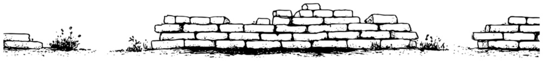 Obraz premium Hand drawn ruined brick wall silhouette with grass vector illustration