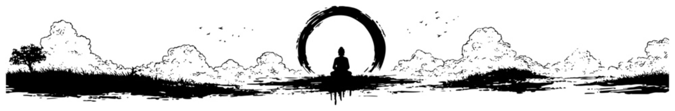 Meditating Buddha silhouette sitting under zen circle in nature landscape vector illustration