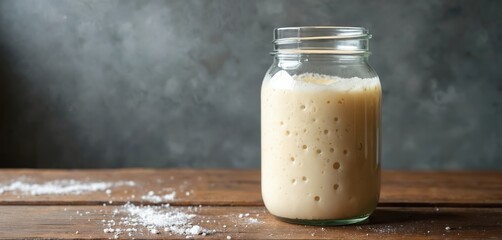 Glass jar filled with bubbly dough. Starter is used for preparing yeast bread. Homemade sourdough lies on wooden table with flour. Food concept presents artisan baking.