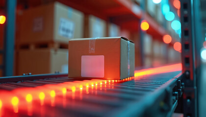 Cardboard box moves on conveyor belt in warehouse. Automated system distributes parcels. Boxes transport on production line. Logistic process in factory. Smart tech optimizes distribution, delivery
