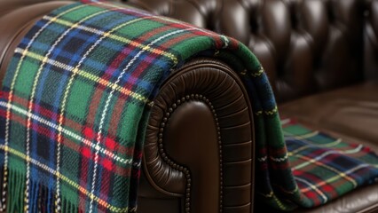 Classic tartan wool blanket draped over luxurious brown leather chesterfield sofa armrest