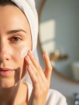 Mulher aplicando creme facial na rotina de skincare