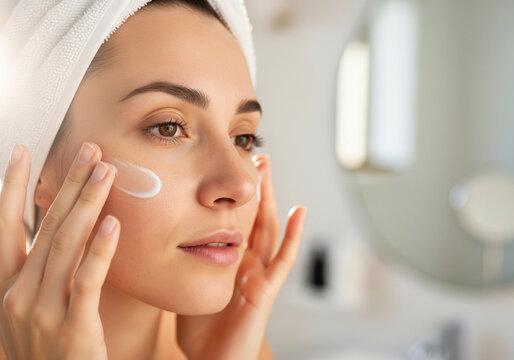 Mulher aplicando creme facial na rotina de skincare