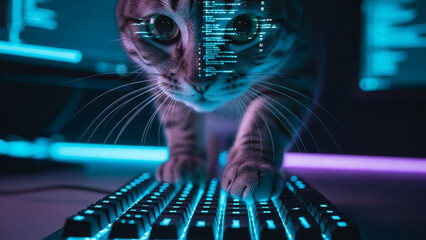 Hacker cat typing on mechanical keyboard with neon lights cyberpunk style