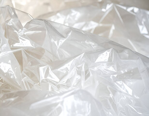Obraz premium Close-up of crumpled transparent plastic sheets, showcasing texture and light reflection, ideal for recycling and environmental themes.