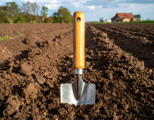 A close-up of a garden trowel embedded in rich soil, symbolizing gardening, growth, and agriculture.
