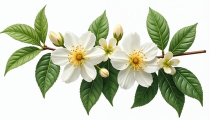 Naklejka premium White neroli blossoms with green leaves on brown branch. Delicate flower petals and yellow stamens visible. Buds and leaves also appear, isolated on plain white surface.