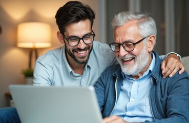 Young man helps happy elderly father learn computer skills at home. They smile, looking at laptop screen, enjoying shared online activity and bonding time. Family connection and tech support.