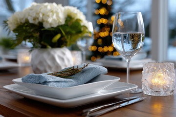 An elegantly arranged dining table set with crystal glassware, a beautiful floral centerpiece, and soft candlelight creates a romantic ambiance for special gatherings.
