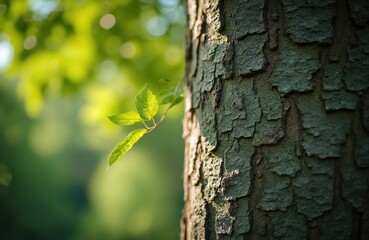 Fototapeta premium Close up photo shows tree trunk and fresh green leaves. Sunlight touches young leaves. Focus on a bark texture. Forest spring eco background.