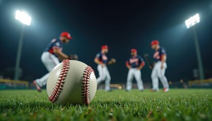 Baseball game action at night. Players on the field focus on the game. Focus is on a ball with other players blurry in the background under stadium lights.