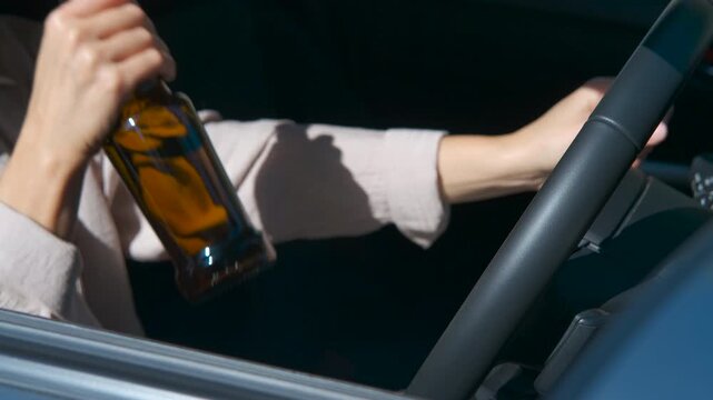 Woman drinking beer while driving montage. Reckless female driver consuming alcoholic beverage while operating vehicle, highlighting dangerous illegal behavior and potential road safety risks