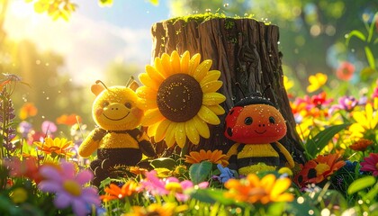 Two cheerful bee plush toys nestled in a vibrant, sun-drenched meadow beside a large sunflower and colorful wildflowers.