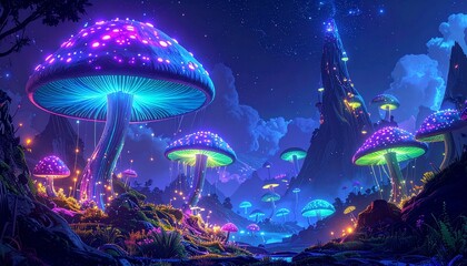 A vibrant, mystical night landscape featuring large bioluminescent mushrooms glowing in shades of purple, blue, and green amidst a fantastical forest.