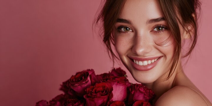 Portrait of a young woman holding red roses against a soft pink backdrop