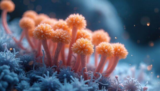 Computer illustration of dermatophyte fungi. Microsporum, Trichophyton, Epidermophyton fungi causing skin, hair and nail diseases. Close-up view of orange and blue fungi with round tops.