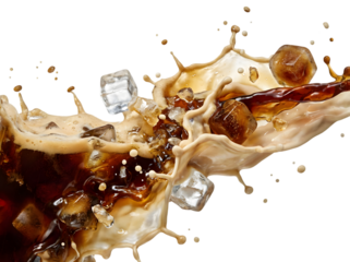 Dynamic Splash of Refreshing Iced Coffee with Ice Cubes on a Clear Background