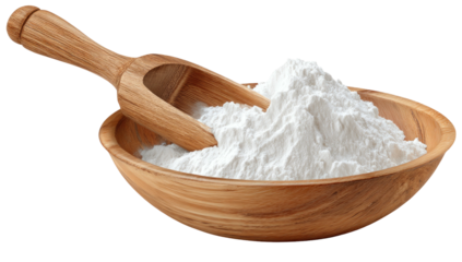 Flour in wooden bowl with wooden scoop, isolated