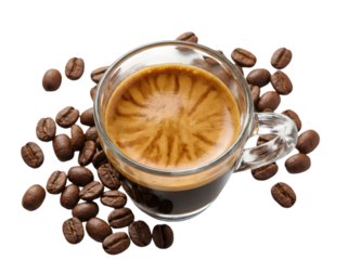 A Delicious Close-Up of A Freshly Brewed Espresso Coffee Surrounded by Roasted Coffee Beans