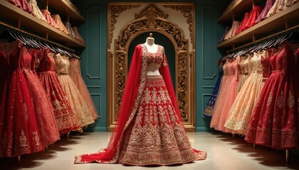 Red bridal lehenga on mannequin in luxury boutique. Boutique showcases rich bridal attires. Indian wedding dresses with gold details, traditional clothes for bridal ceremony are available in shop.