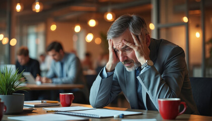 Mature man in suit grips head in office. He looks down stressed at work papers with red cups nearby. Colleagues work blurred in background. Feels pressure and burnout.