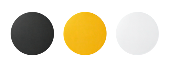 Three discs black, yellow, and white, aligned on a black background