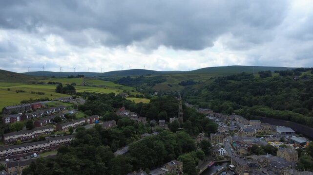 aerial view of the town of Todmorden in West Yorkshire showing the streets canal and surrounding hills