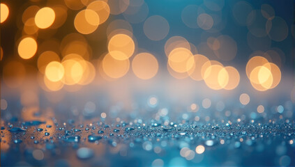 Holiday Background. Shimmering Water Droplets on a Glittering surface with soft blue and teal tones. Warm golden bokeh lights .