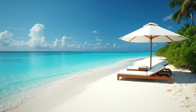 Empty beach with white sand clear blue water and palm trees. Two empty sun loungers under a large white umbrella invite visitors to relax. Tropical island resort offers serene vacation escape. - Powered by Adobe