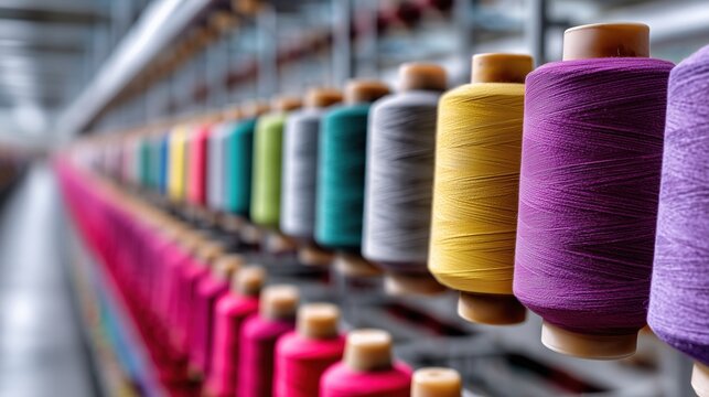 Colorful thread spools in textile mill
