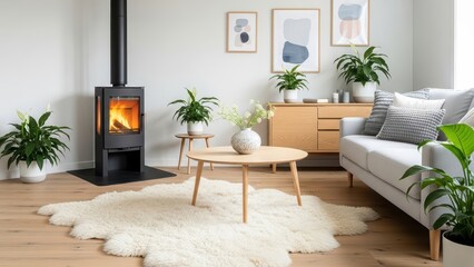 Obraz premium Cozy scandinavian living room interior with fireplace and modern decor elements
