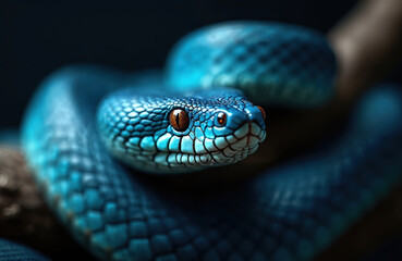 Fototapeta premium Close up photo of a blue viper snake. The venomous reptile showcases vibrant scales with a striking gaze. Details of its head and eye are well visible.