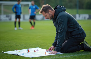 Soccer coach strategizes using a game board on a green field. He points to the map with tactical markers, planning team plays while players watch in background. Sport strategy, game plan.