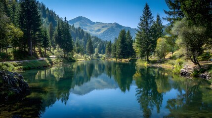 Serene mountain lake reflects dense evergreen forest under bright clear sky