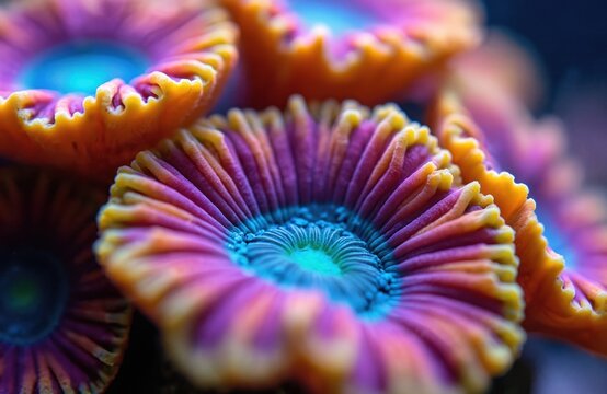 Macro view of vivid coral polyps with striped texture. Colorful underwater garden features bright yellow orange purple blue marine life in saltwater. Aquatic nature closeup.