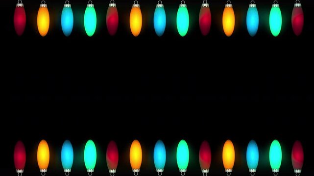 Christmas festive fairy lights festoon coloured flashing chaser party lights border margin frame with plain black background that can be made invisible using screen blending mode 4K animation