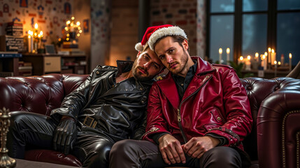 Two men sitting on a couch wearing santa hats