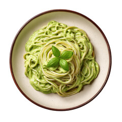 Creamy green pasta with basil on plate, centered