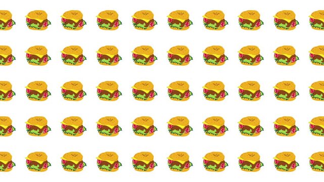 Repeating hamburger sandwich cartoons on white background. Perfect for restaurant menus, food blogs, childrens illustrations, and social media graphics.
