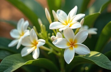 Fototapeta premium Closeup on frangipani flower with white petals and yellow center. Fresh plant blooms among rich green leaves in garden during warm sunny day. Exotic flora grows in tropics.